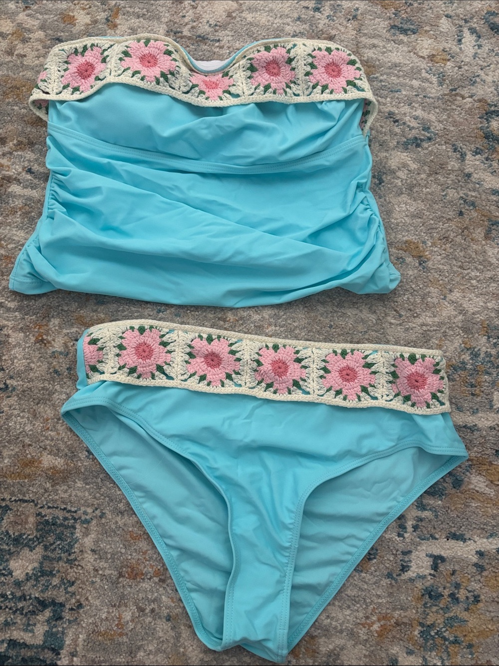 SHEIN Aqua Blue Crochet Floral Bandeau Bikini